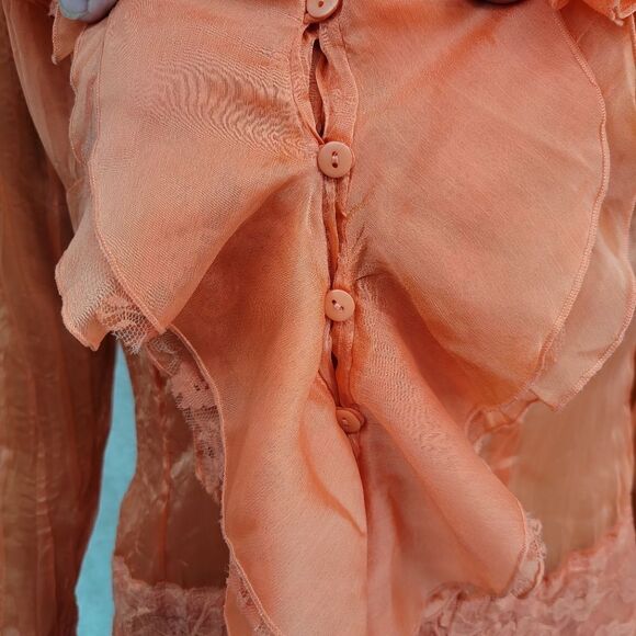 MK Solo Coquettegirl Coral Color Poet Blouse Y2K Taffeta Satin Lace Ruffled - Picture 3 of 12